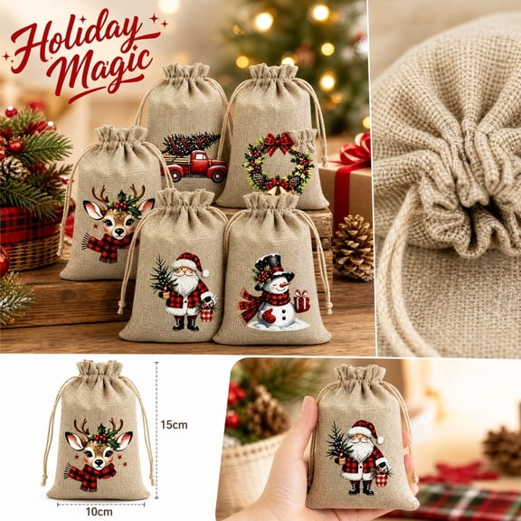 Christmas Drawstring Gift Bags Set with 5 Printed Patterns Reusable Pouch Sacks for Party Favor Storage Packaging