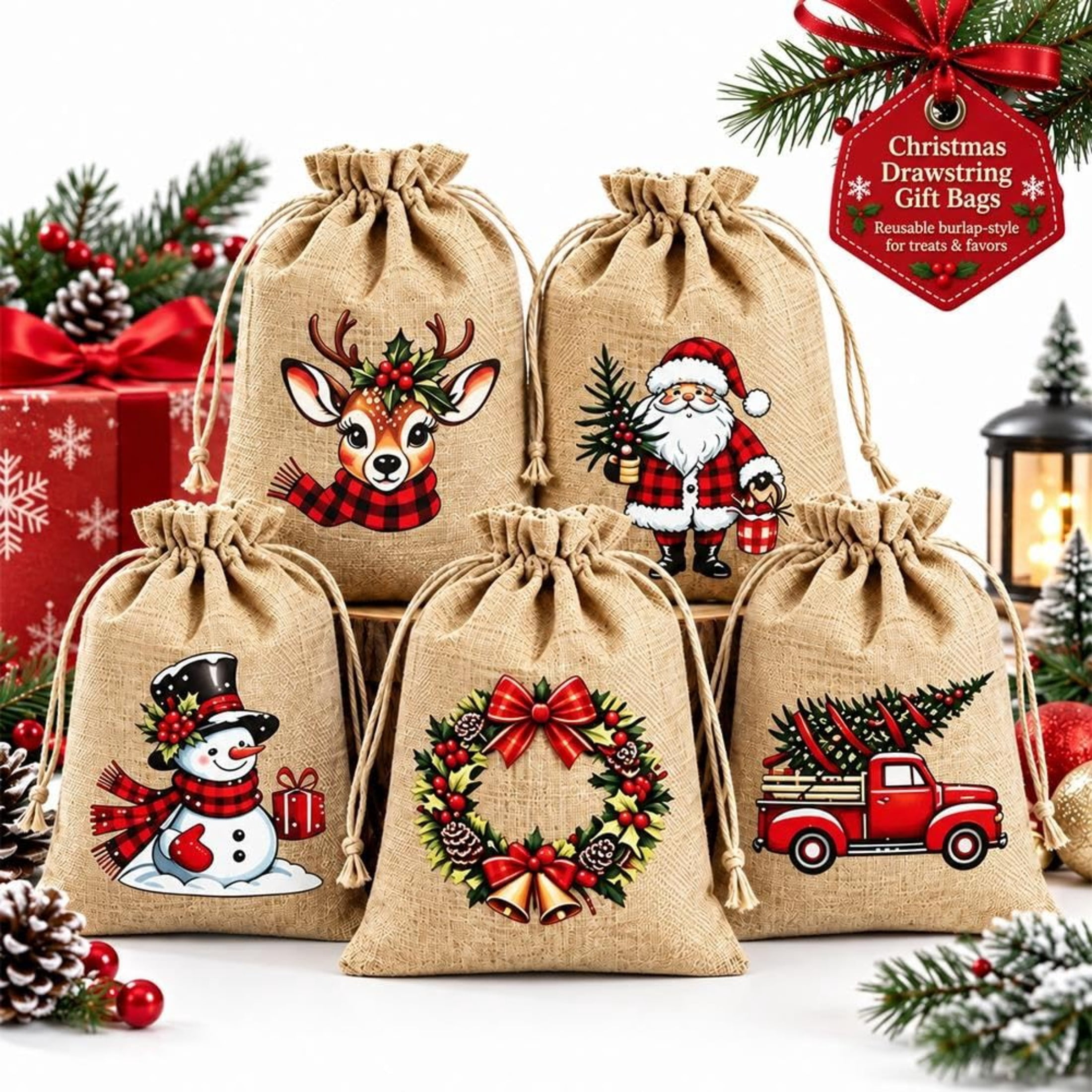 Christmas Drawstring Gift Bags Small Cotton Burlap Treat Candy Burlap ...