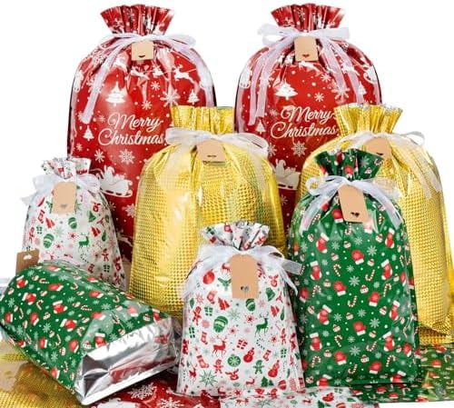USEAMIE Christmas Gift Bags Set - 30 Pcs Drawstring Bags In 4 Sizes, Plastic Wrapping Bags With Tags
