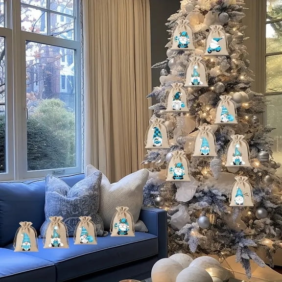 Christmas Drawstring Gift Bags Treat Bags with Random Cartoon Gnome Patterns Holiday Party Favors Bags Xmas Goodie Bags for Christmas Decorations 1Pcs D