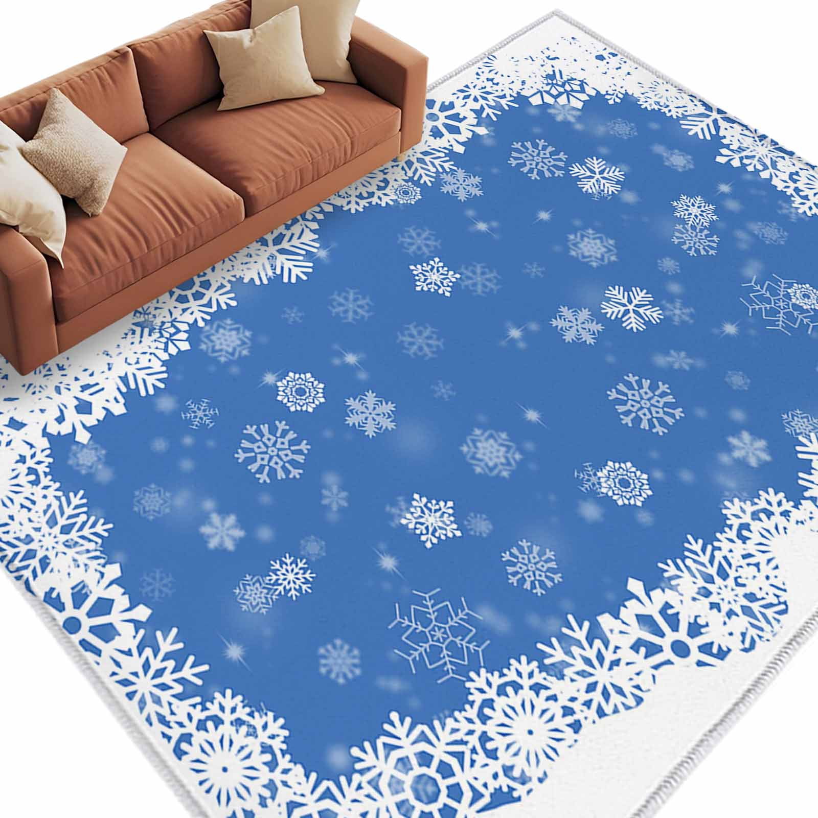 Round Blue Snowflake Rug Christmas Dreamlike Area Rug 5x7ft Winter Snowflake Blue Background Non ...