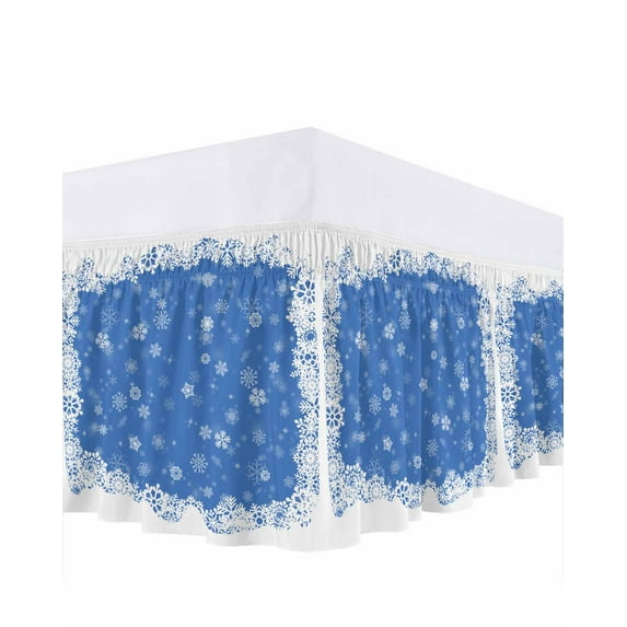 Christmas Dreamlike Bed Skirt California King Size 18 Inch Drop, Winter Snowflake Blue Background Wrap Around Dust Ruffle Bedskirts, Wrinkle & Fade Resistant Easy Fit Bedskirt with Adjustable Elastic