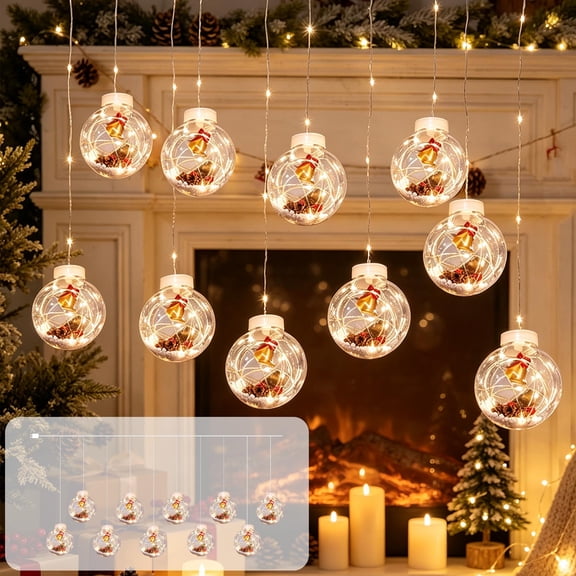 Christmas Dreamy Glowing Balls Curtain String Lights, 10 Clear Globe Balls with Built-in Mini Ornaments, Flexible Durable Warm Light LED Decor for Indoor Window Mantel Home Holiday Party Display