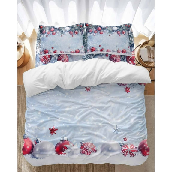 Christmas Dremlike Bedding Duvet Cover Set Full Size 4 Pieces Xmas Balls Pine Needle Bedding Set with Zipper Closure, 1 Comforter Cover 86x86 Inches 1 Flat Sheet & 2 Pillow Cases