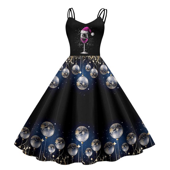 Christmas Dress Christmas Party Dress Women's Fashionable Retro Christmas Printed Strap Zipper Casual Long Dress