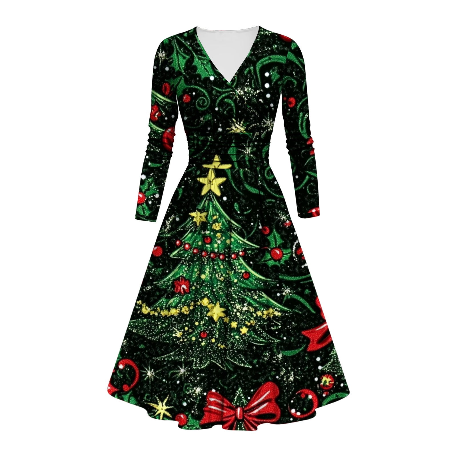 christmas print dress amazon Rosegal Plus Size Christmas Tree Light Glitter 3D Print Ruched Flare Sleeve High Low Dress Plus Size,Navy blue,4x,Casual,Gothic,Fall,Spring,Summer