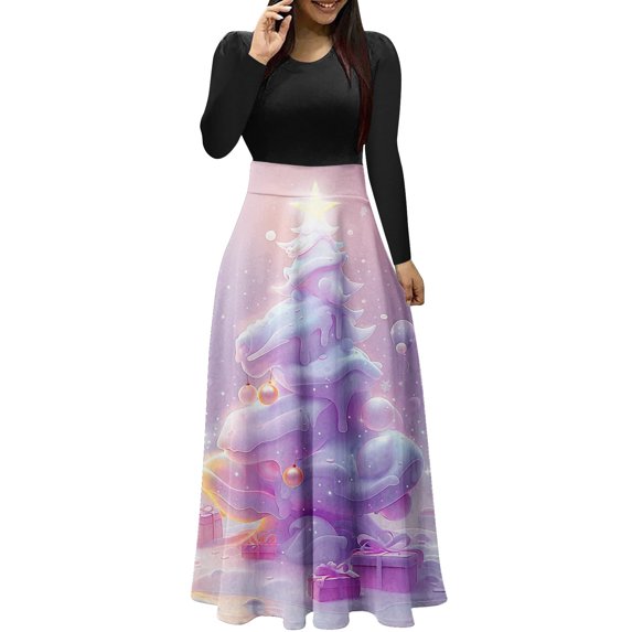 Christmas Dress - Holiday Dresses for Women 2024, Ladies Christmas Tree Print Dress Vintage Dresses Long Sleeved Round Neck Dress Patchwork Long Dresses