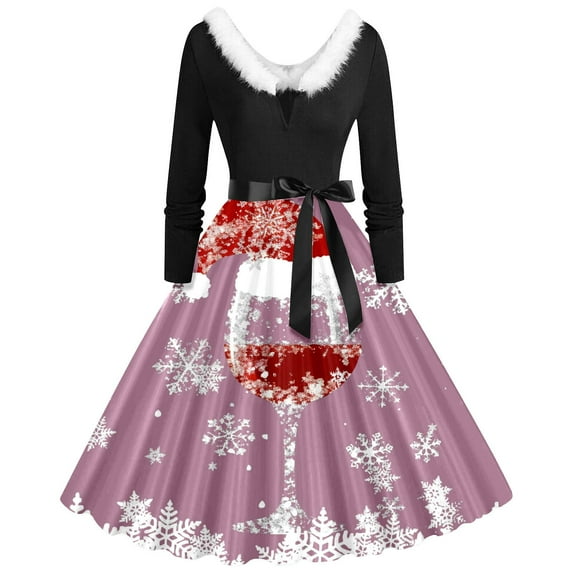 Christmas Dress for Women Christmas Outfits for women's Autumn/Winter Christmas Printed V Neck Long Sleeve Lace Up Vintage Casual Dress (velvet Neckline)