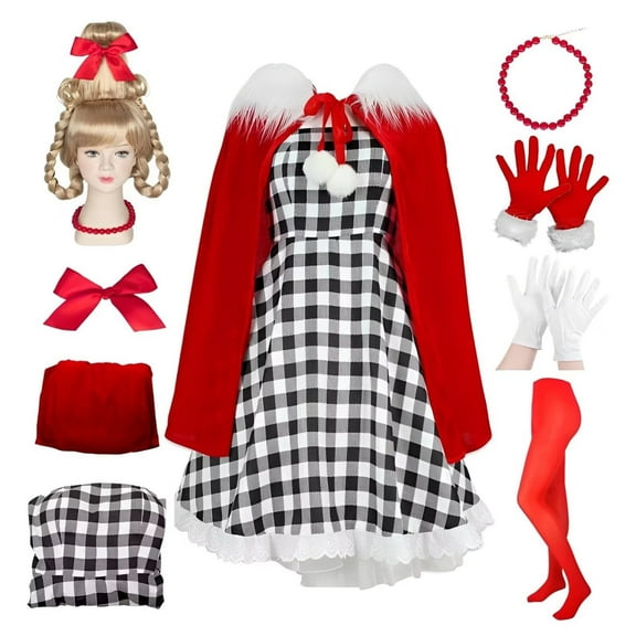 Christmas Dress Women Dress with Yellow Wig Cape Gloves Christmas Outfit Accessories