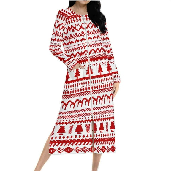 Christmas Dress Women Full Zip Long Dress Plaid Snowflakes Print Nightgown Maxi Dresses Soft Pajamas Loungewear (XL, Red 07)