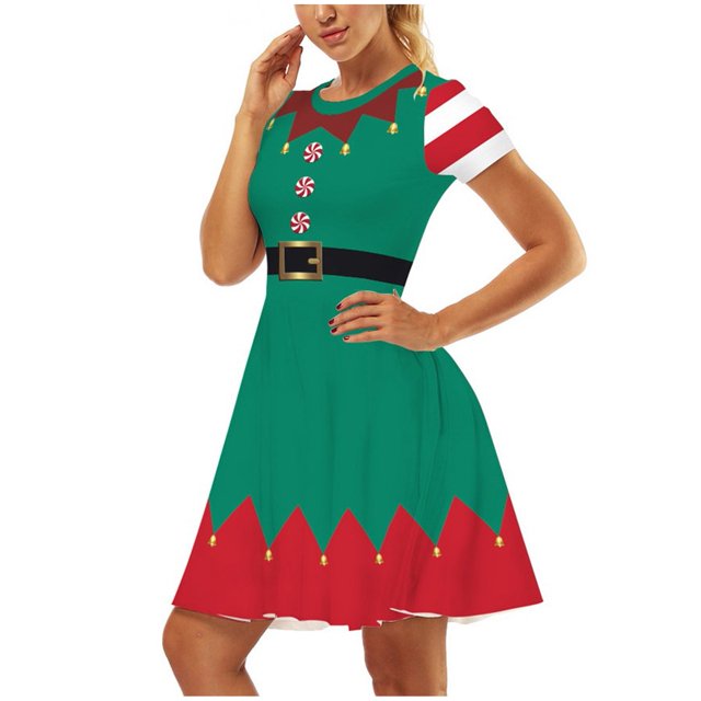 Christmas Dress, Womens 2023 Green Red Retro Boat Neck Graphic Colorblock Party Holiday Short