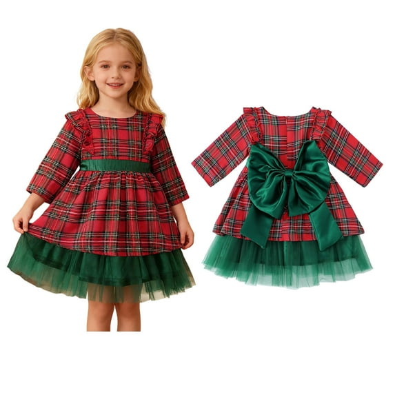 Christmas Dress for Girls Long Sleeve Plaid Dress Kids Tulle Dress with Bow Kids Girl Winter Dress 5-6 Years
