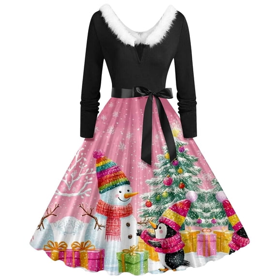 Christmas Dress for Women Christmas Party Outfit Women's Autumn And Winter Christmas Print V Neck Long Sleeve Lace Up Retro Casual Dress