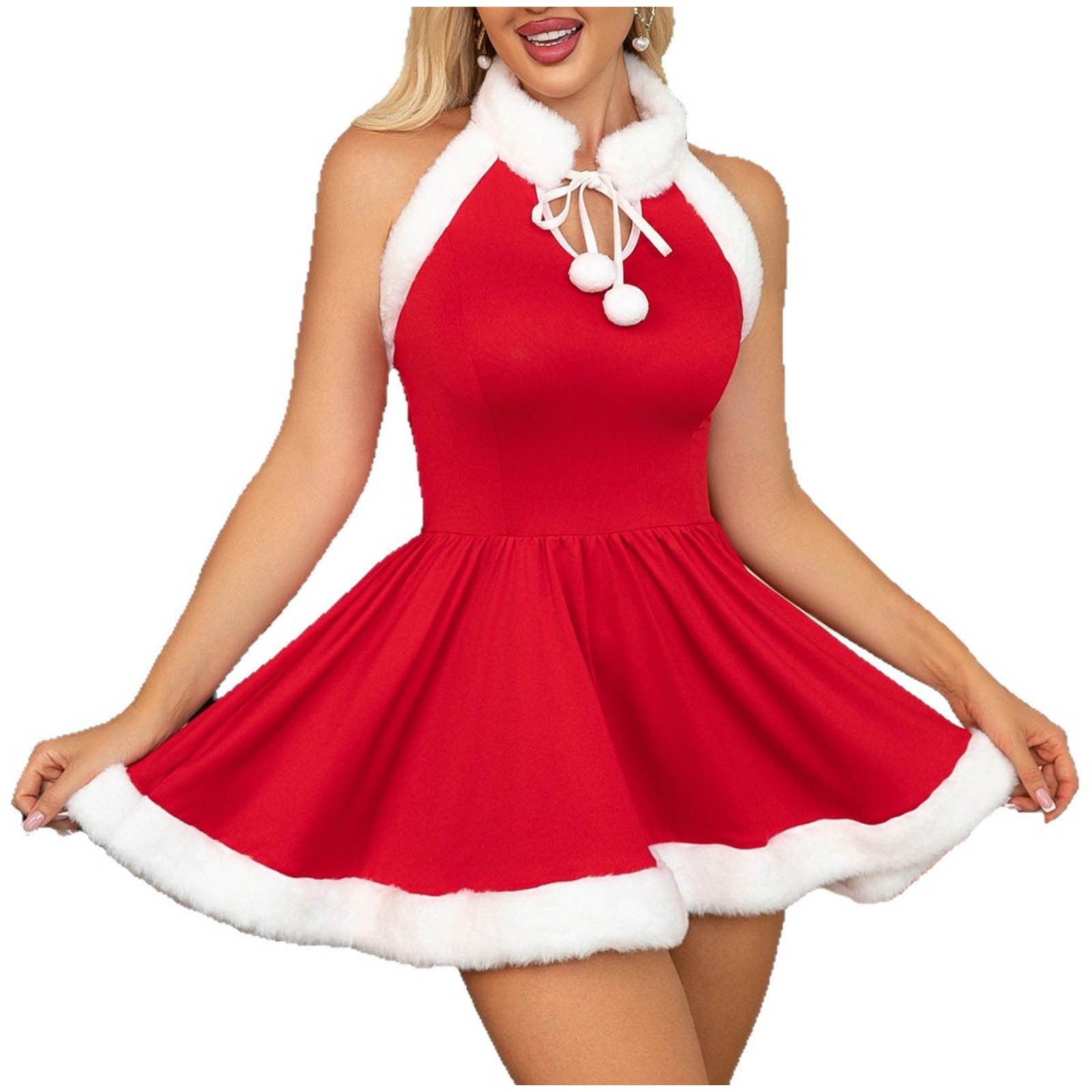 Christmas Dress for Women Fur Trim Halter Neck Sleeveless Red Santa — free download