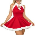 thumbnail image 1 of Christmas Dress for Women Fur Trim Halter Neck Sleeveless Red Santa Flared Mini Dress for Holiday Parties Wine S, 1 of 6