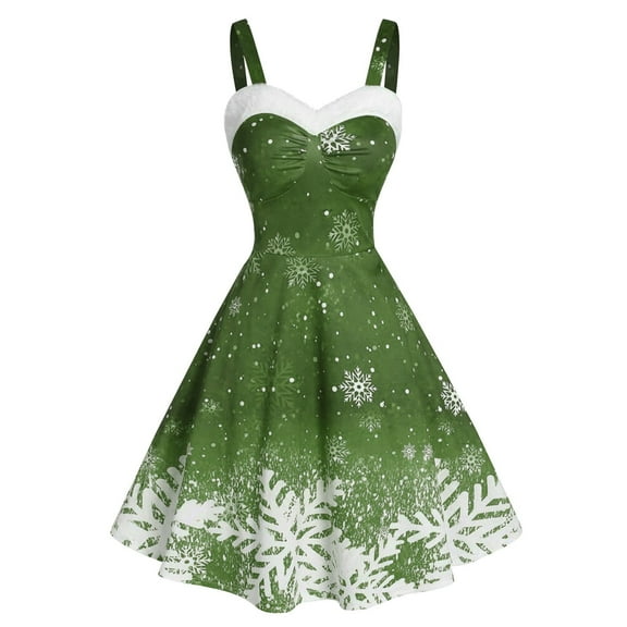 Christmas Dress for Women Gradient Snowflake Print Fur Trim Spaghetti Straps Midi Swing Cocktail Party Holiday Dresses