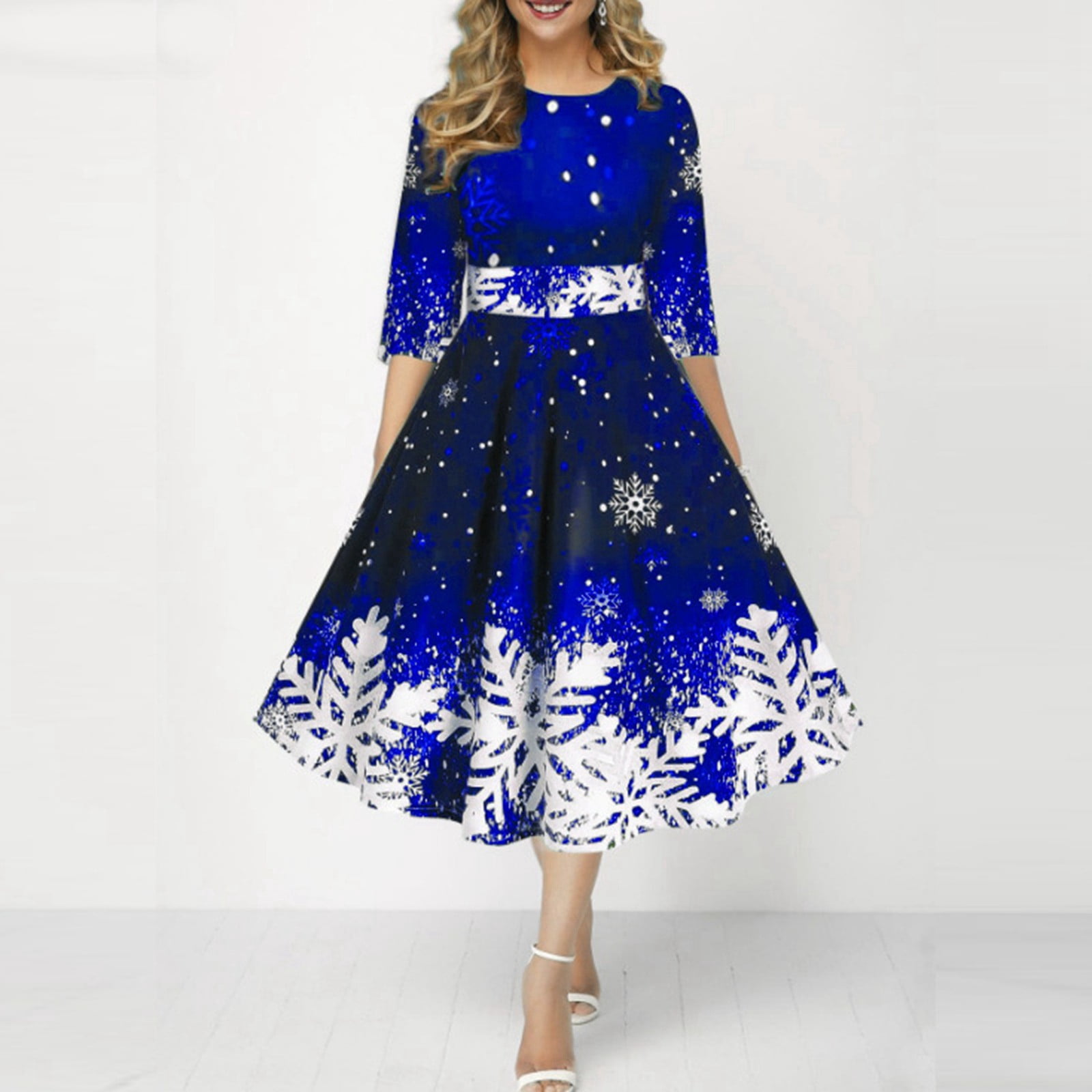 flowy christmas dresses Visit the YIIu Store Christmas Dress for Women Retro Christmas Snowflake Print Long Round Neck Half Sleeve Made of Polyester and Spandex with Soft and