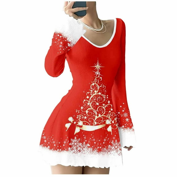 Christmas Dress for Women Snowflake Print Long Sleeve V Neck Red Ruffle Knit Mini Skirt for Holiday Red S
