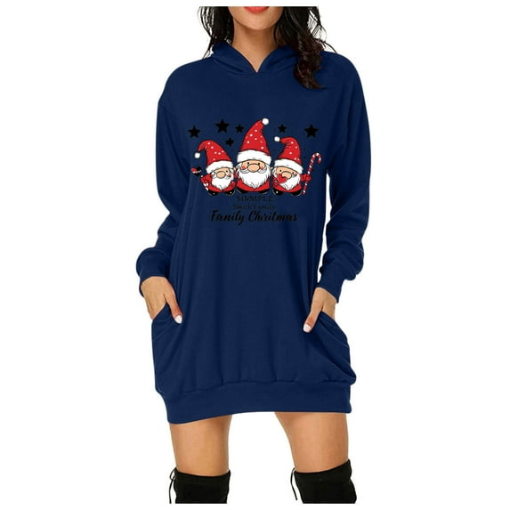 Christmas Dress for Womens Christmas Outfit Women's Christmas Print Long Sleeve Hoodie Dress With Pockets Casual Sweatshirt