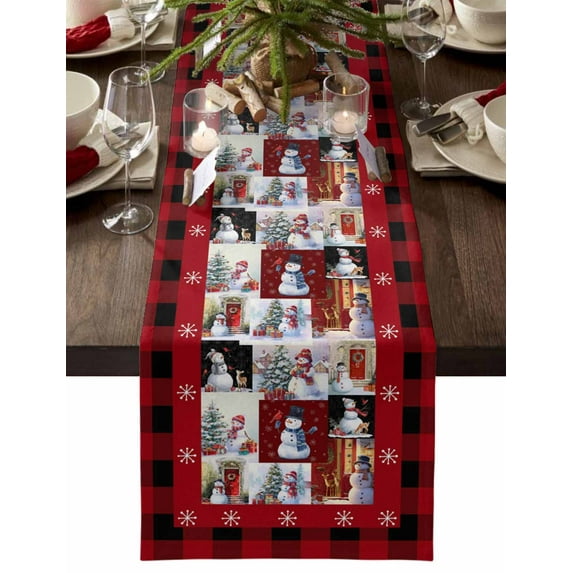 Christmas Dresser Scarf Farmhouse, Dining Table Decorations for Wedding/Parties, Snowman Cardinal Red Black Buffalo Plaid Table Runner 108 Inches Long for Kitchen Dining, 13 x 108 In