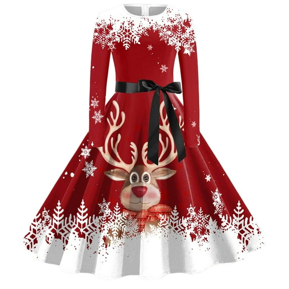 Christmas Dresses Christmas Party Dresses Women's A Line Dress Long Sleeve Christmas Dress With Round Neck And Bow Elegant Waist Holiday Skirt Dress
