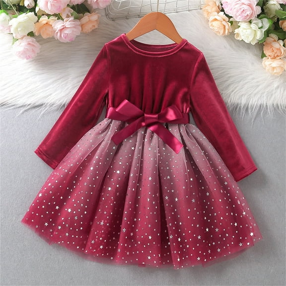 Christmas Dresses For Girls Long Sleeve Bowknot Patchwork Star Tulle