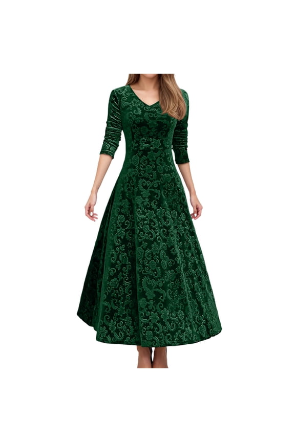 Christmas Dresses For Women Elegant Velvet Casual Long Sleeve V neck Party Gown Fall Winter Dresses Green