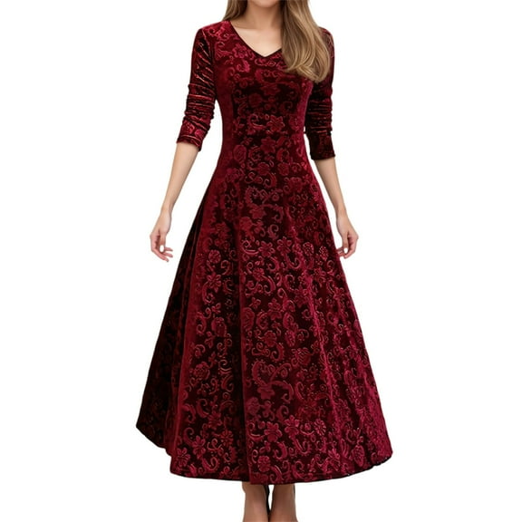 Christmas Dresses For Women Elegant Velvet Casual Long Sleeve V neck Party Gown Fall Winter Dresses Red