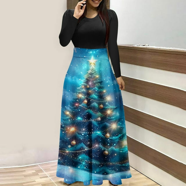 Christmas Dresses For Women Xmas Printed Zipper Long Sleeved Round Neck
