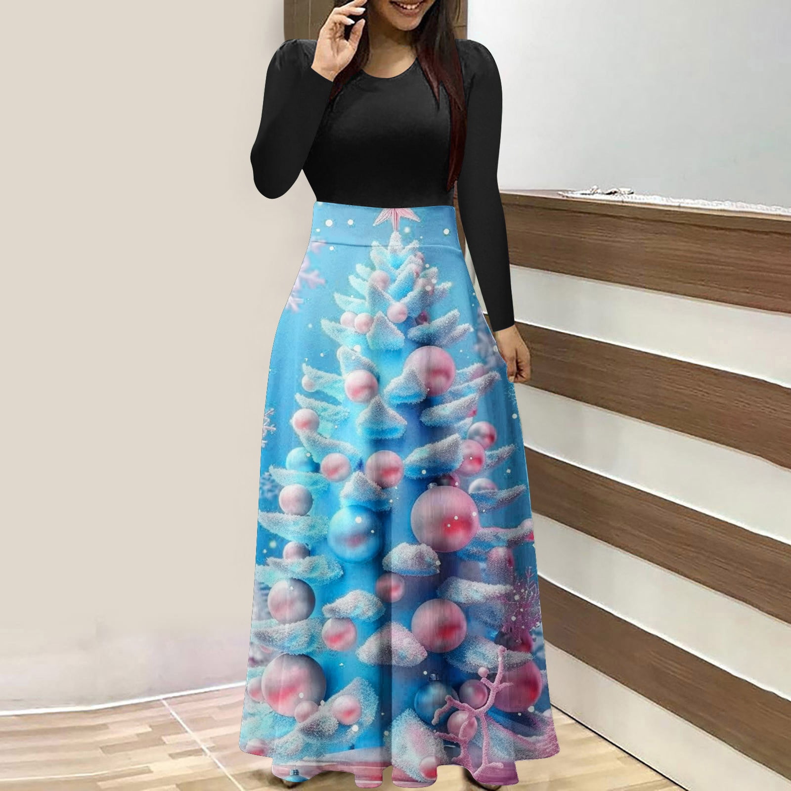 Christmas Dresses For Women Xmas Printed Zipper Long Sleeved Round Neck