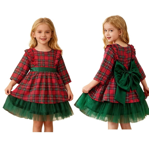Christmas Dresses Long Sleeve Plaid Dress Kids Tulle Dress with Bow Fall Outfits for Kids 6-12 Months
