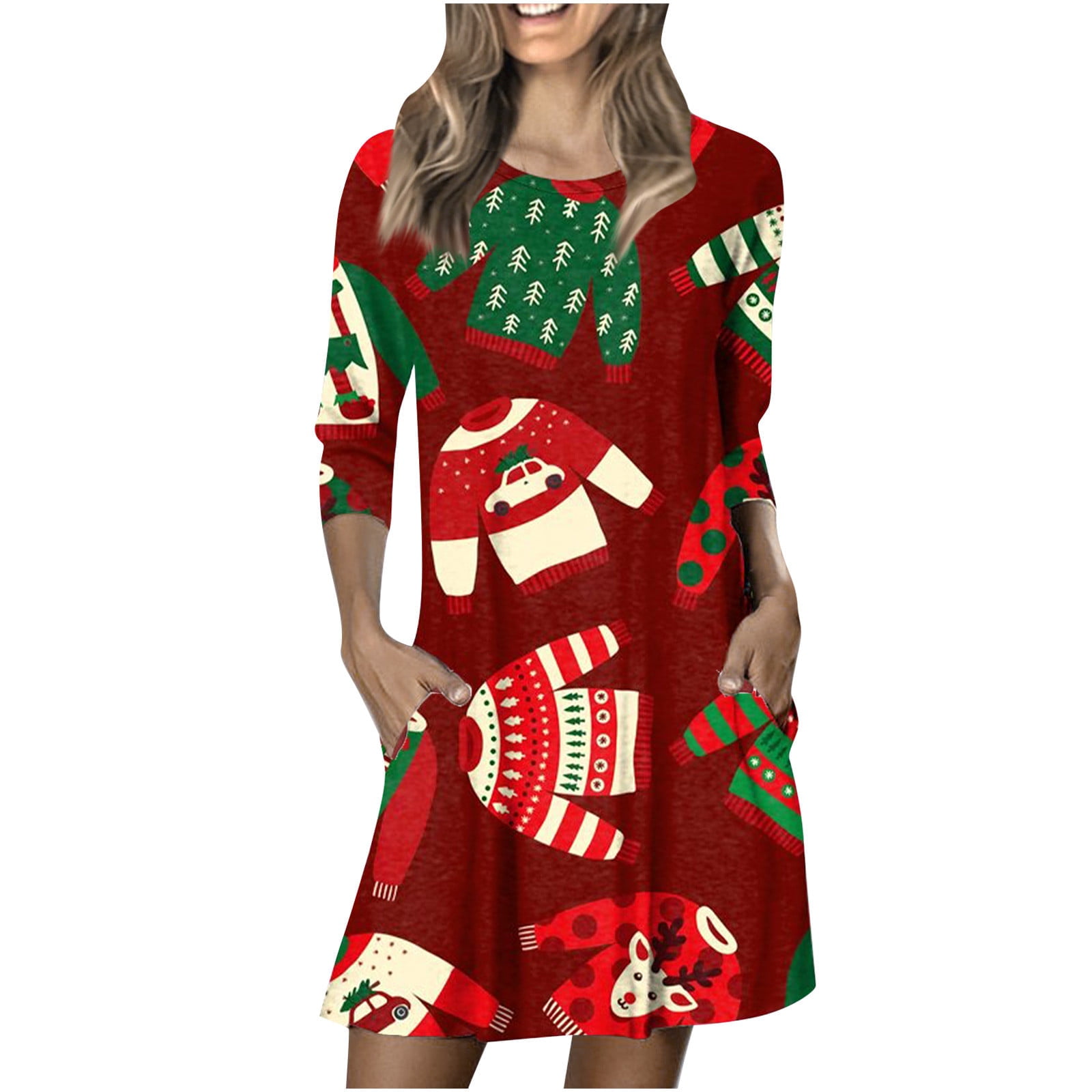 Christmas Dresses for Plus Size Women 2024 Up To 50 Off Clearance Gold Formal Dress For Women Christmas Ladies Christmas Print Round Neck Nine Cent Cuff Pocket Dress Christmas Dress G458 Walmart