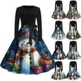 thumbnail image 1 of Christmas Print Flare Dress for Women Long Sleeve Dress with Round Neck, Fall and Winter Casual Wear for Holiday Events, Soft and Elegant,Blue,L, 1 of 5