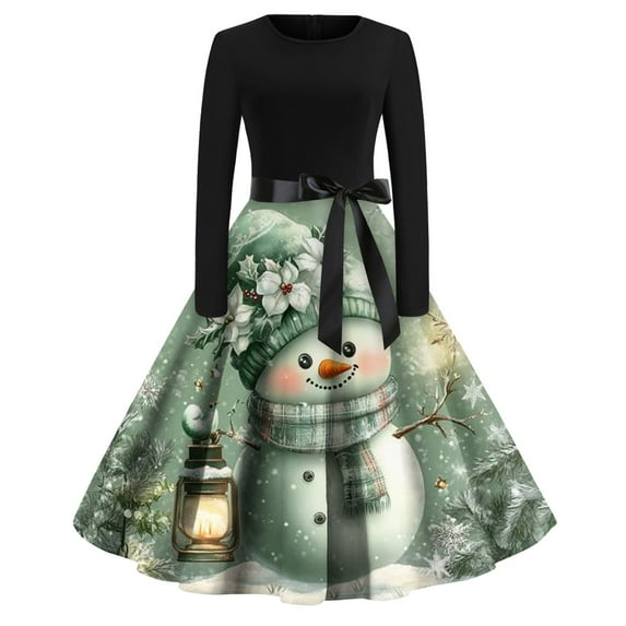 Christmas Dresses for Women Christmas Print Flare Dress For Women Long Sleeve Dress Hollow Party Casual Dresses with Round Neck for Christmas Party,Green,4XL