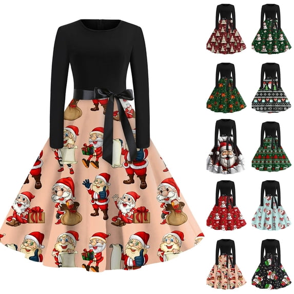 Christmas Dresses for Women Christmas Print Flare Dress For Women Long Sleeve Dress Hollow Party Casual Dresses with Snowman Print for Christmas Party,Green,4XL