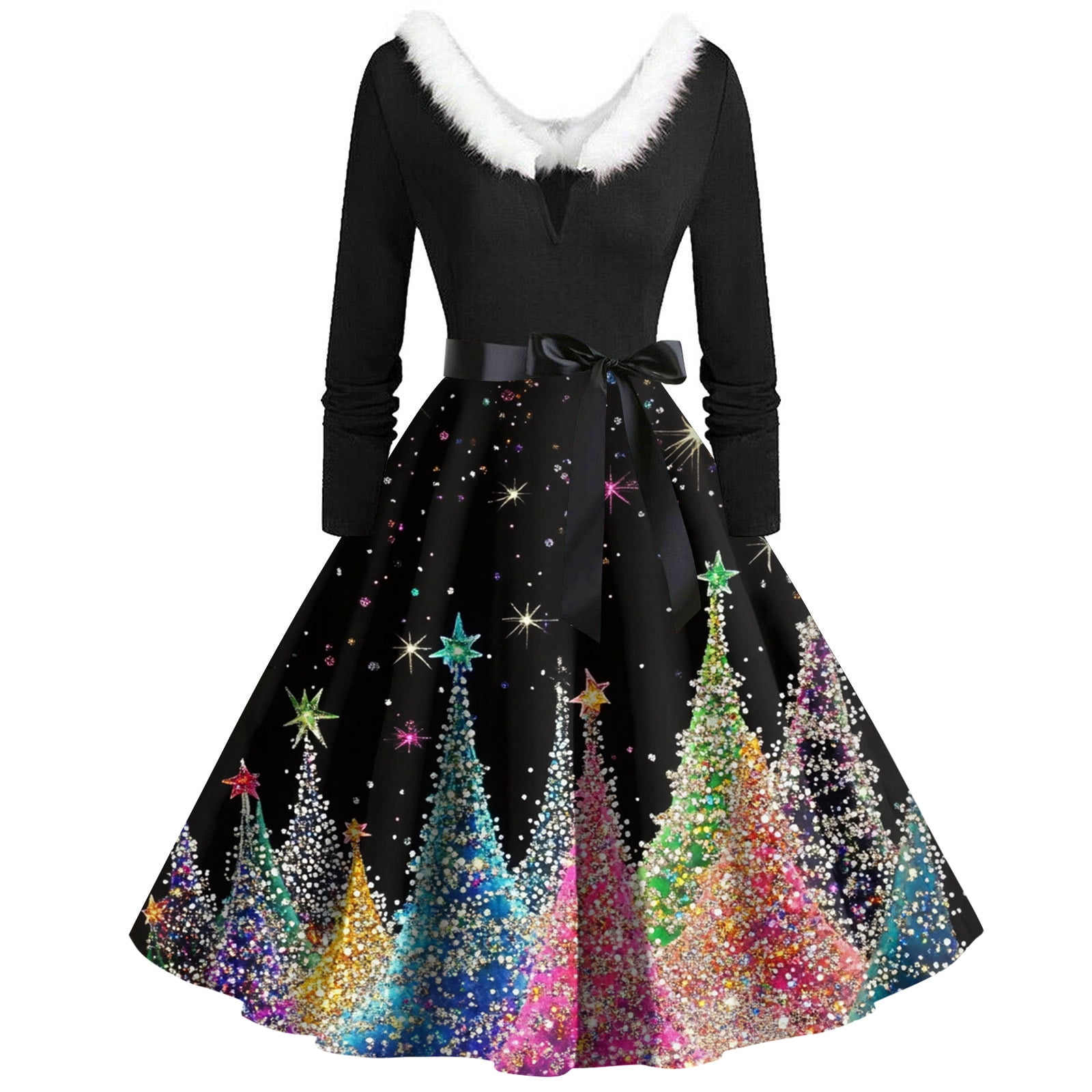 amazon christmas dresses womens for Women Christmas Print Flare Dress For Women Long Sleeve Dress Hollow Party Casual Dresses with V Neck for Holiday Party,Multicolor,L line skirt that outlines