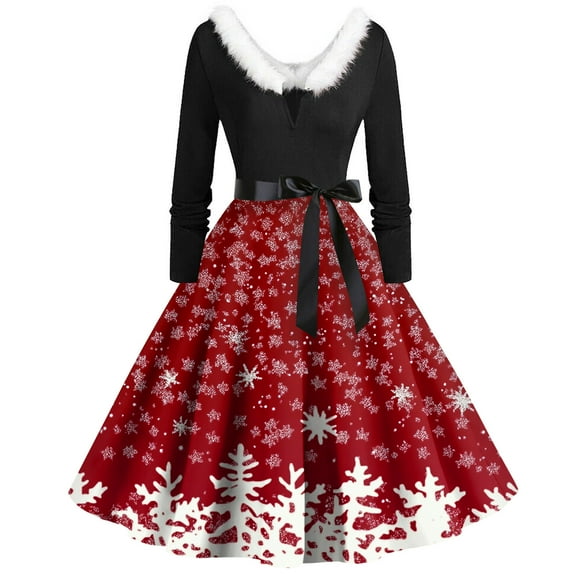 Christmas Dresses for Women Christmas Print Flare Dress For Women Long Sleeve Dress Hollow Party Casual Dresses with V Neck for Holiday Party,Deep Red,M