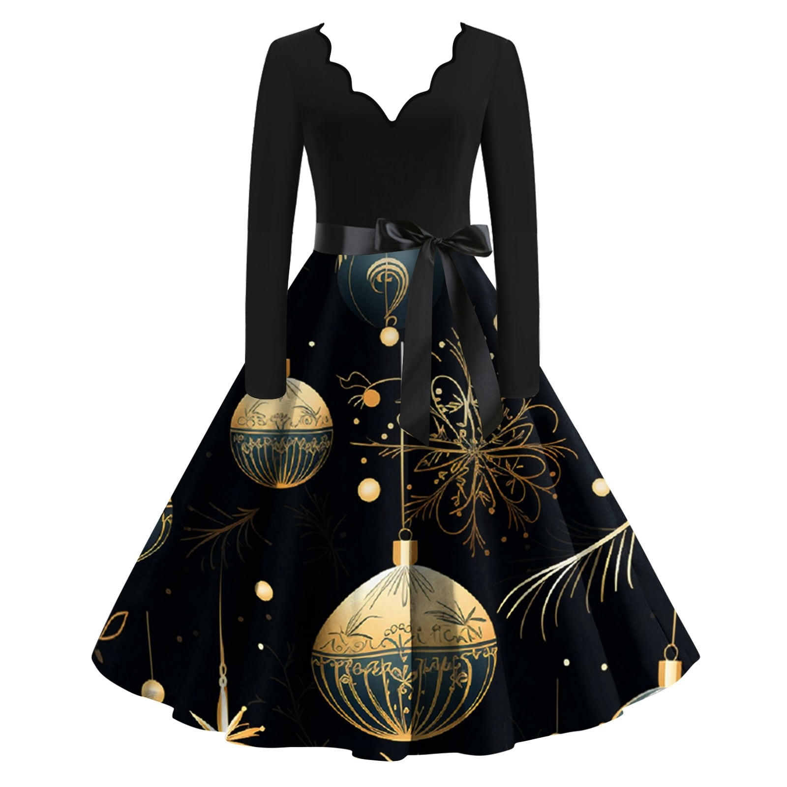 Christmas Dresses for Women Glitter Xmas Tree Print Dress Cute Dress Long Sleeve Plus Size Christmas Costumes Holiday V Neck Party Dress Snowflake Cocktail Swing Dress