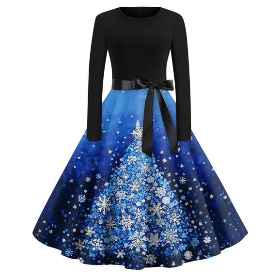 Christmas Dresses for Women Glitter Xmas Tree Print Dress Long Sleeve Snowflake Cocktail Swing Dress Christmas Crew Neck Cute Vintage Dresses Plus Size Christmas Party Costumes