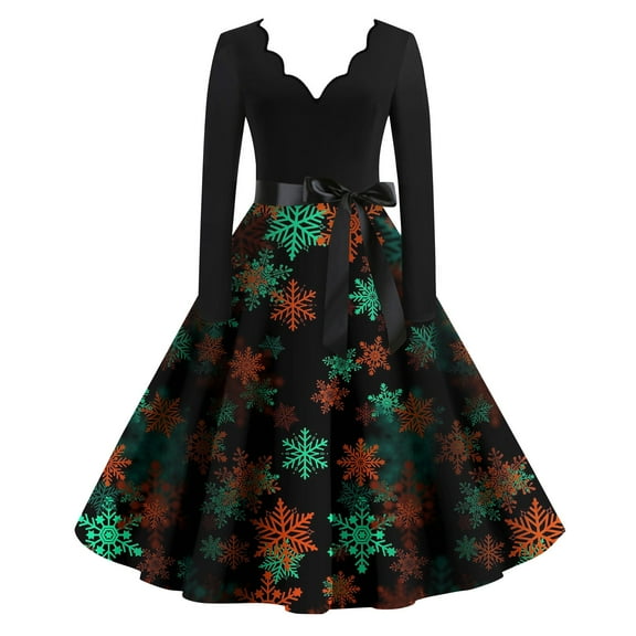 Christmas Dresses for Women Glitter Xmas Tree Print Dress Long Sleeve Snowflake Cocktail Swing Dress Christmas V Neck 50s Vintage Dresses Plus Size Christmas Party Costumes