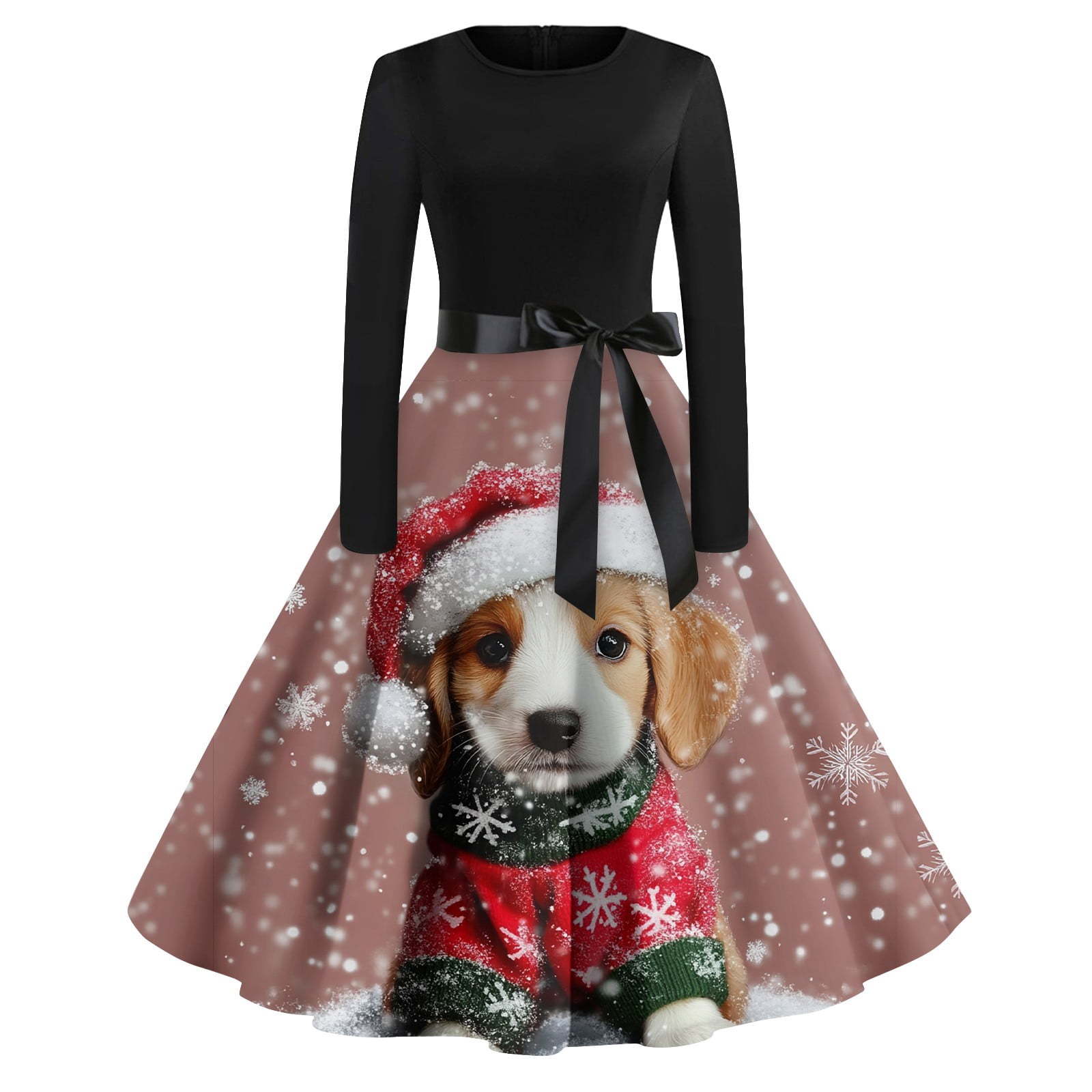 Christmas Dresses for Women Glitter Xmas Tree Print Dress Christmas Party Costumes Long Sleeve Plus Size Cute Crew Neck Party Dress Snowflake Cocktail Swing Dress