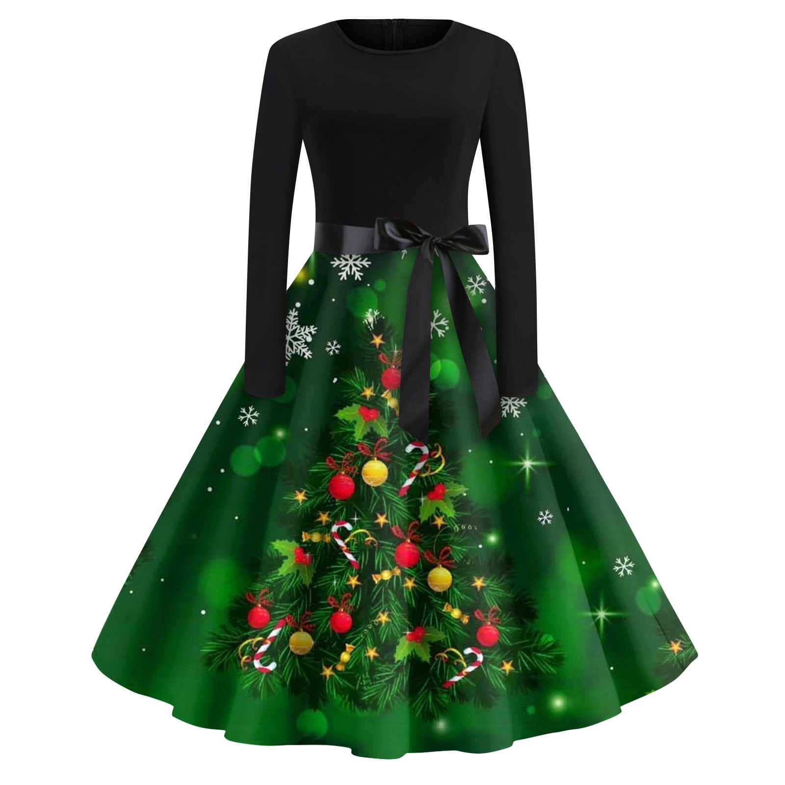 Christmas Dresses for Women Holiday Glitter Xmas Tree Print Dresses Long Sleeve Plus Size Christmas Costumes Cute Crew Neck Party Dress Snowflake Cocktail Swing Dress