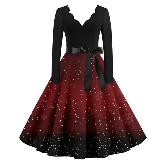 Christmas Dresses for Women Holiday Snowflake Dress Long Sleeve Plus Size Christmas Costumes Cute V Neck Vintage Dresses Glitter Xmas Tree Print Hepburn Swing Dress