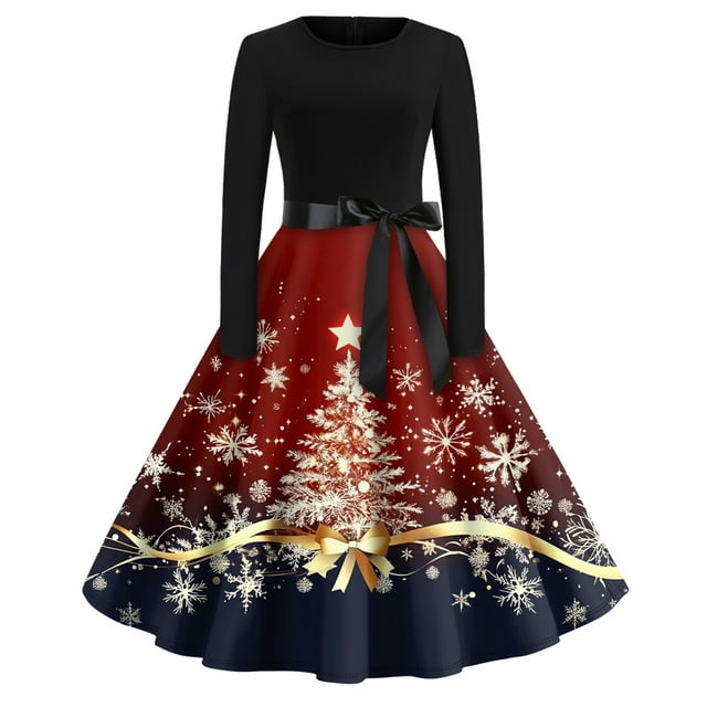 Christmas Dresses Women Long Sleeve Crew Neck 2024 Cute Snowflake Flare