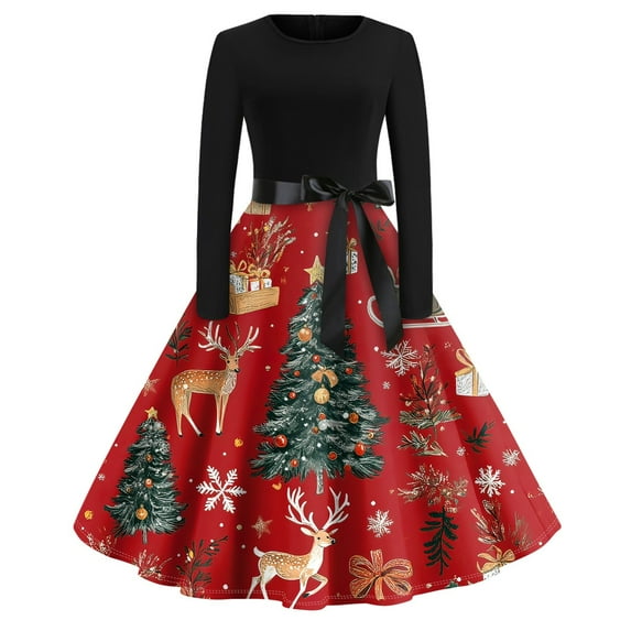 Christmas Dresses for Women Plus Size Christmas Costumes Long Sleeve Cute Glitter Xmas Tree Print Dress Holiday Crew Neck Party Dress Snowflake Hepburn Swing Dress