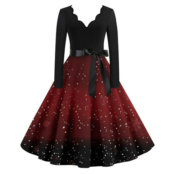Christmas Dresses for Women Plus Size Christmas Costumes Long Sleeve Cute Glitter Xmas Tree Print Dress Holiday V Neck Vintage Dresses Snowflake Hepburn Swing Dress