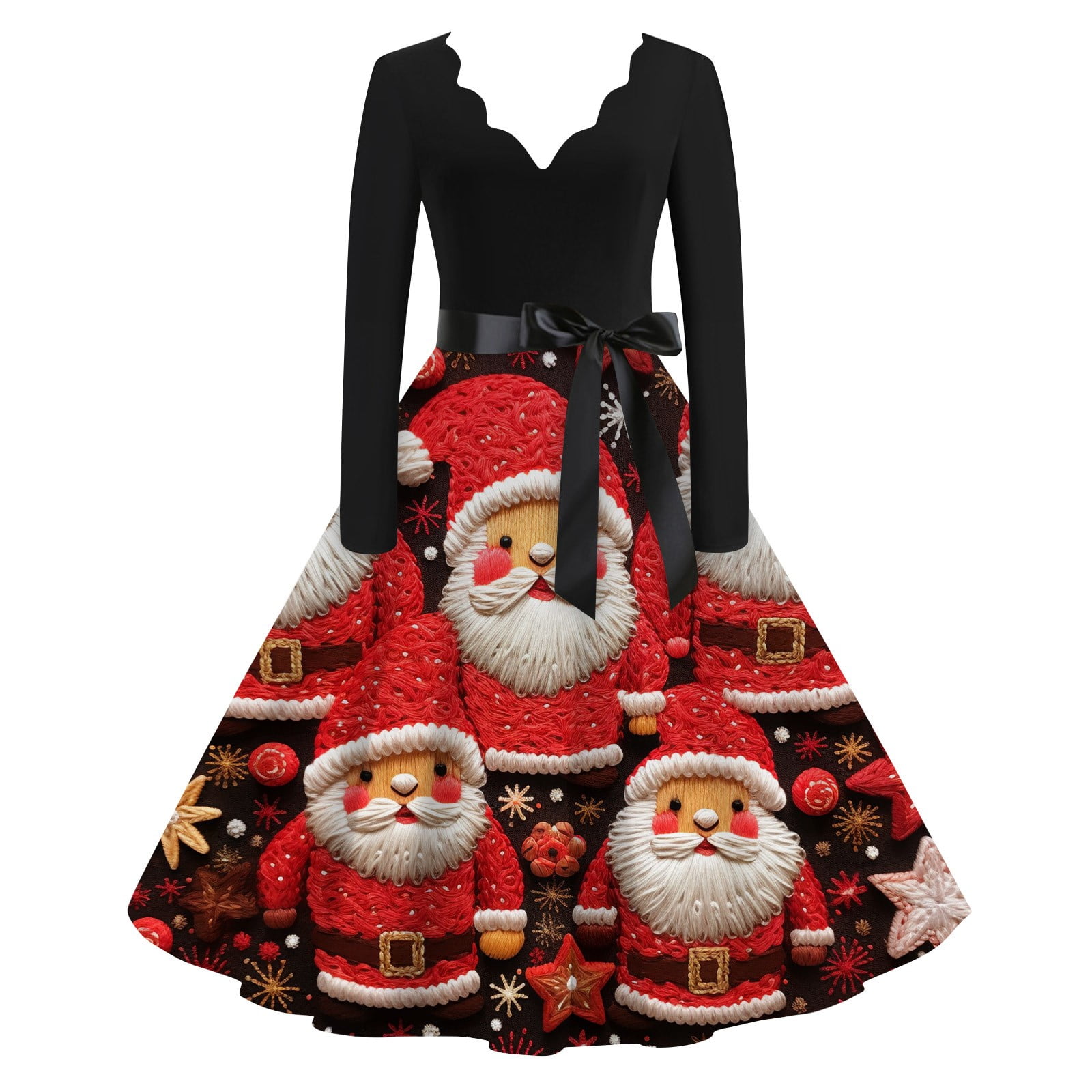 Festive Charm Dress - Christmas Print Long Sleeve