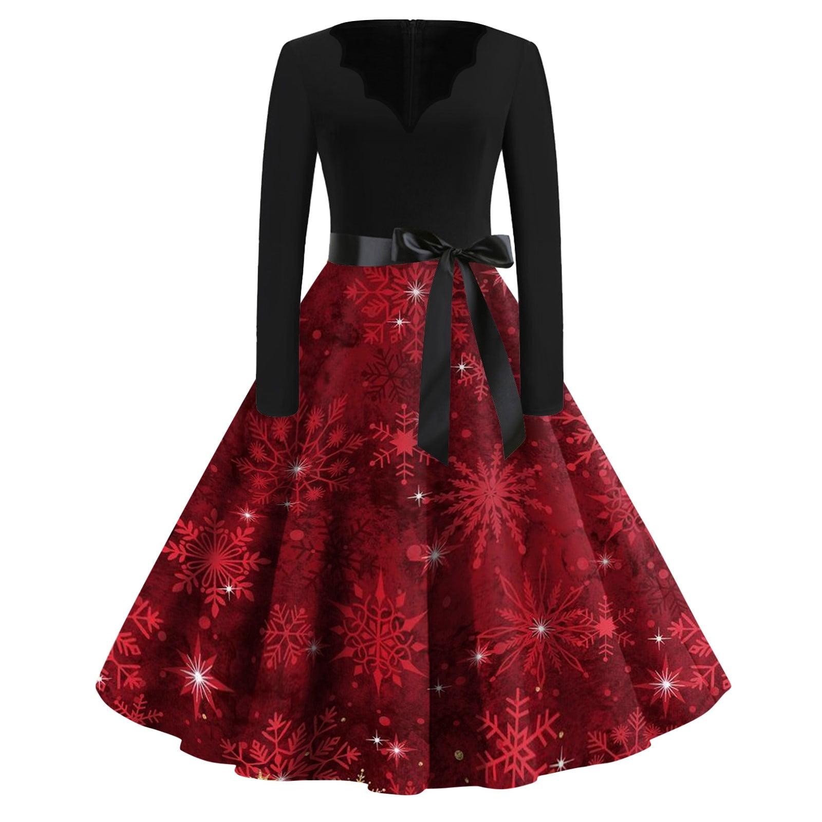 Christmas Dresses for Women Plus Size Christmas Costumes Glitter Xmas Tree Print Dresses Long Sleeve Cute Holiday V Neck Vintage Dresses Snowflake Cocktail Swing Dress