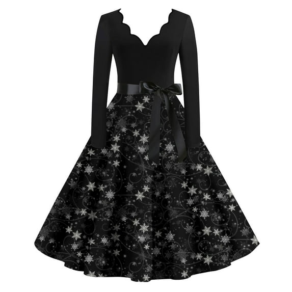 Christmas Dresses for Women Plus Size Snowflake Dress V Neck Long Sleeve Glitter Xmas Tree Print Vintage Dresses Cute Hepburn Swing Dress Christmas Party Costumes