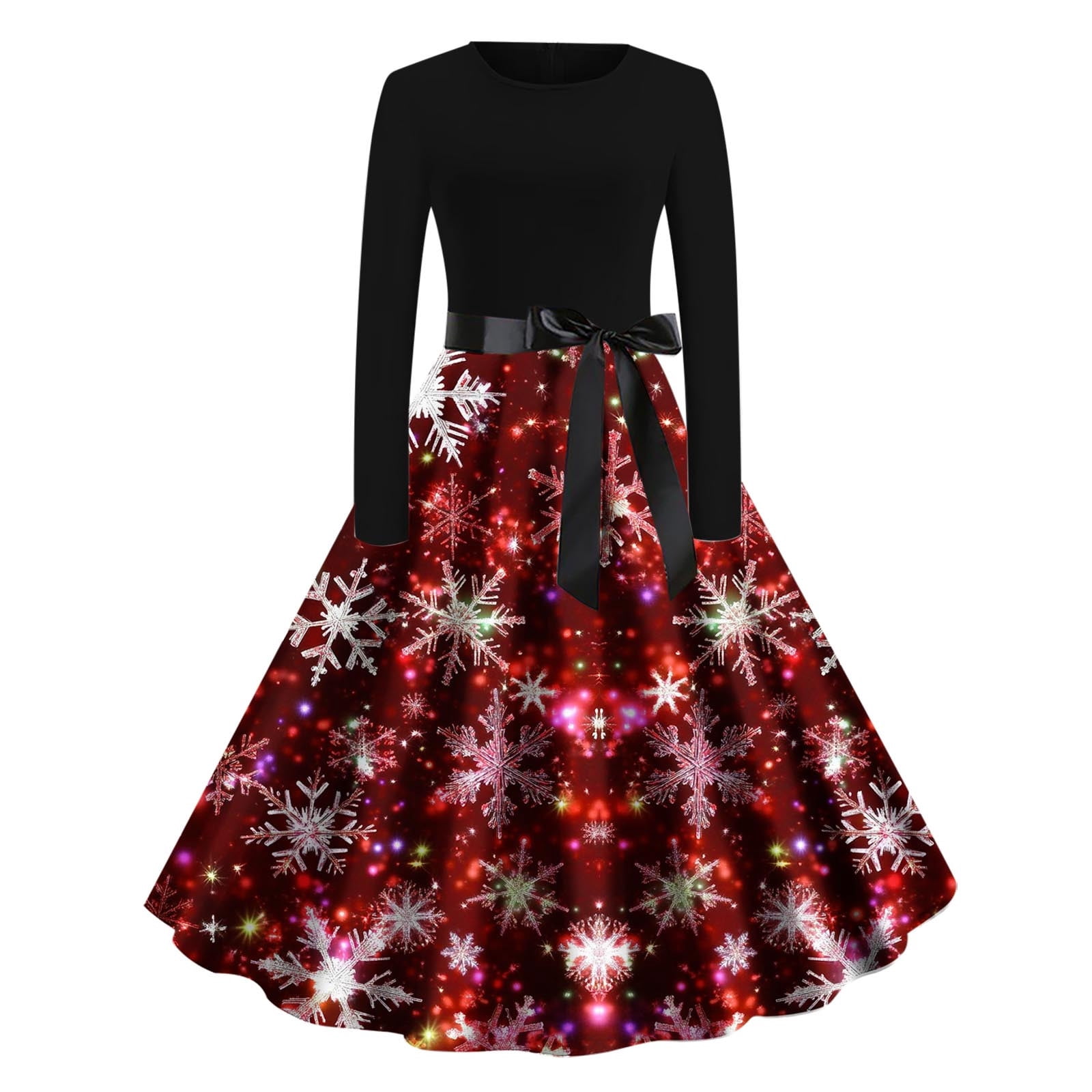 JUEJUEZI Christmas Dresses Women Print Casual Long Sleeve Fashion Round Neck Dress Big Swing Dres, Women's, Size: Small, Black